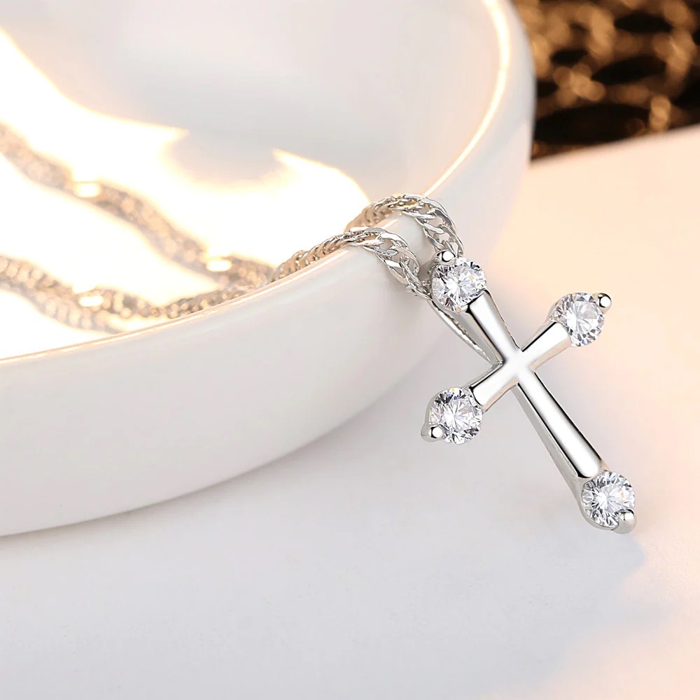 Silver Cross Necklace with rhinestones